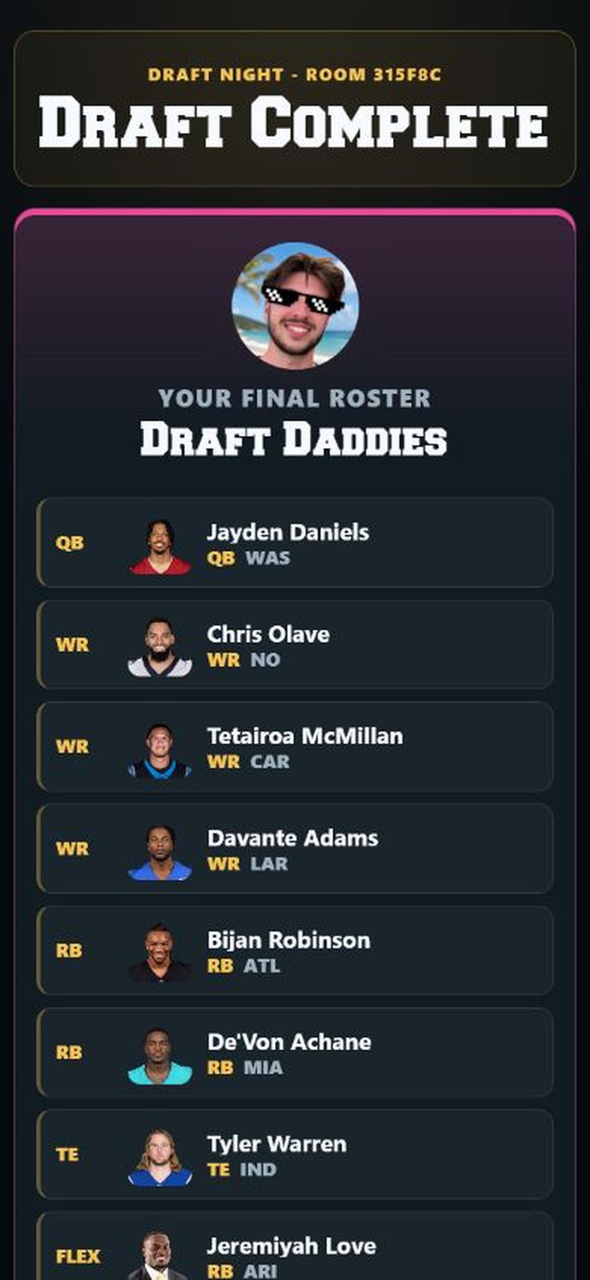 A phone showing a completed DRAFTNIGHT team summary — Draft Complete with the final roster by position, ready to share