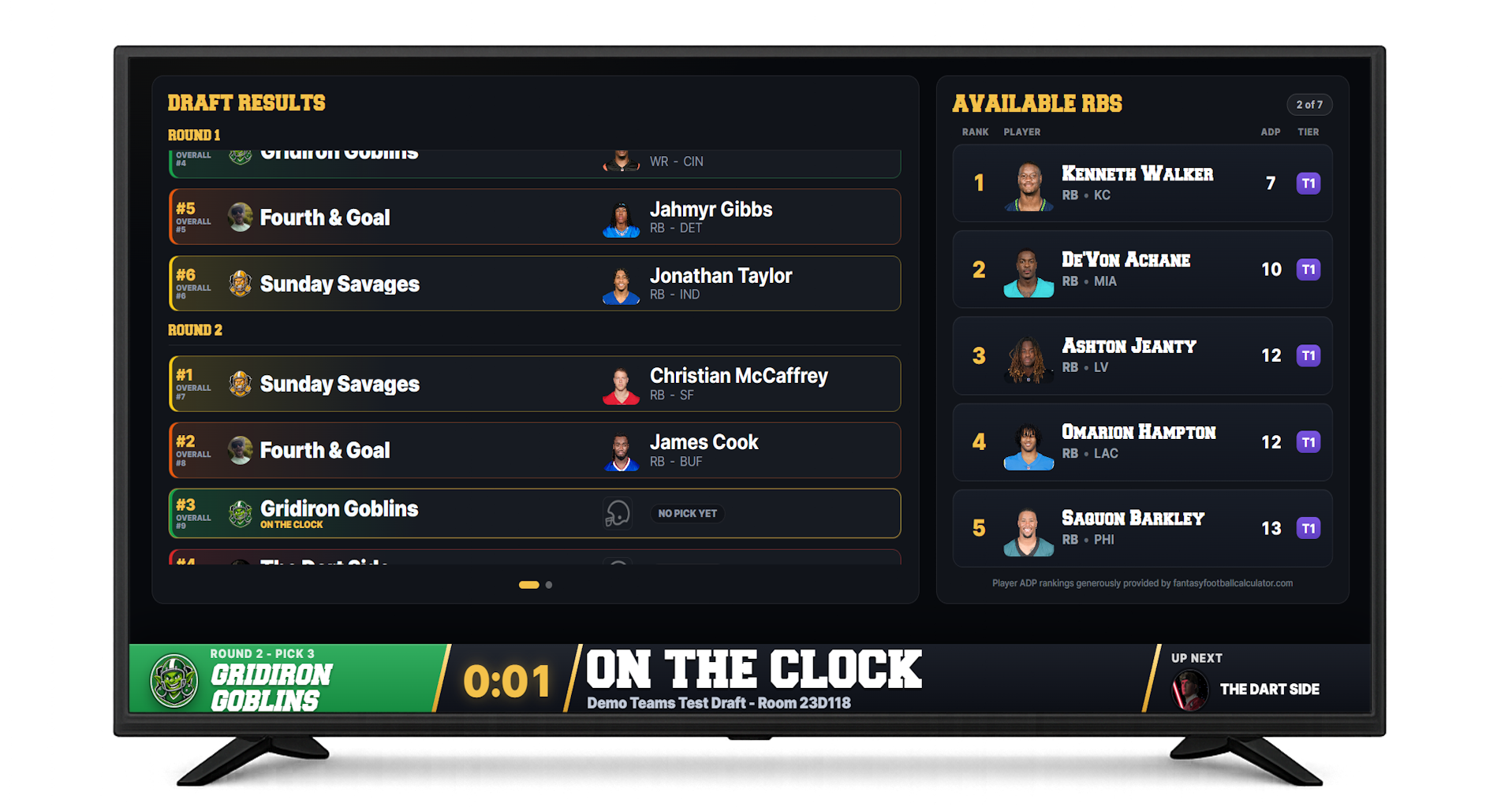 Broadcast-style draft board on a TV: results, available players and the team on the clock