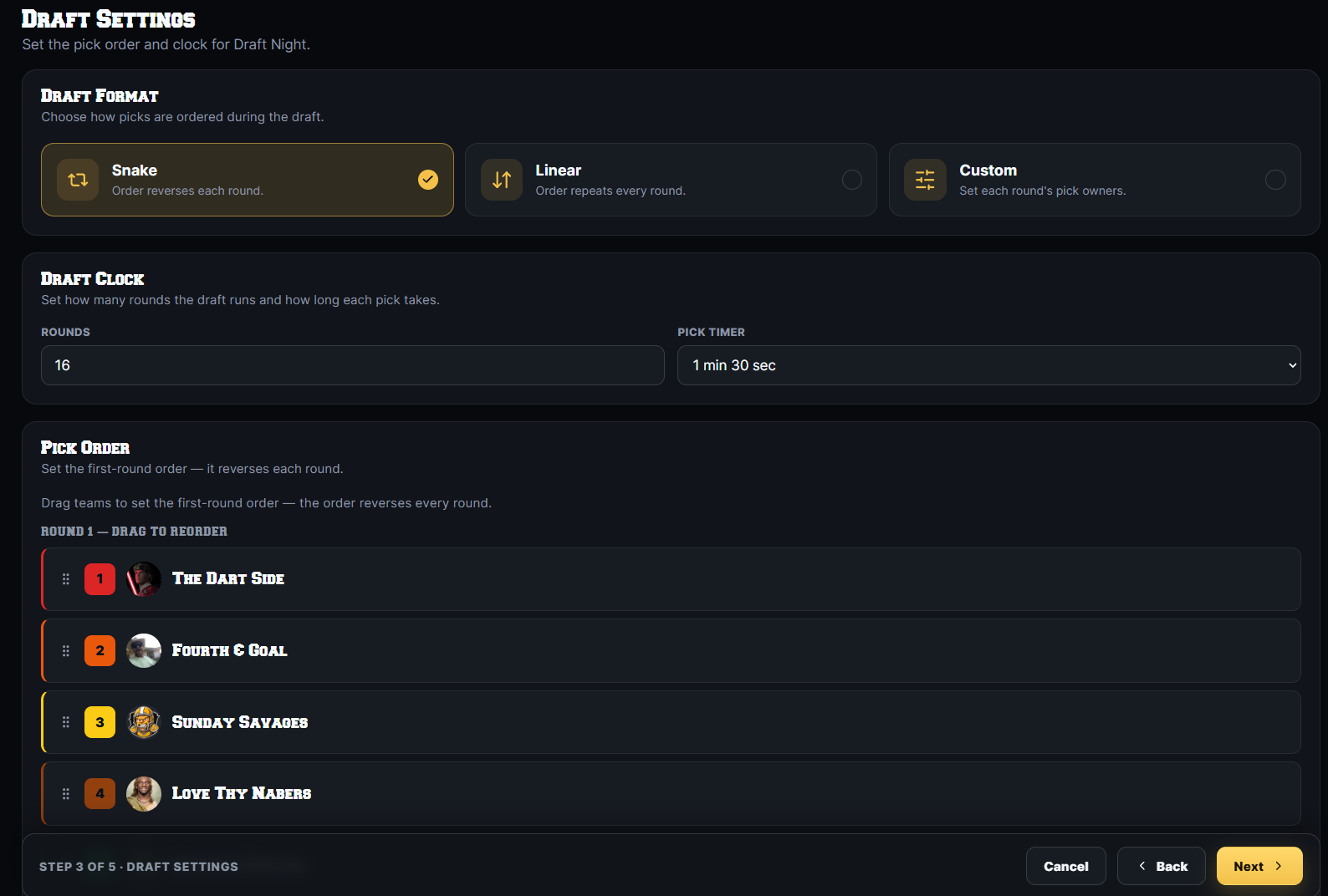 Draft settings: snake, linear or custom order, round count and pick clock
