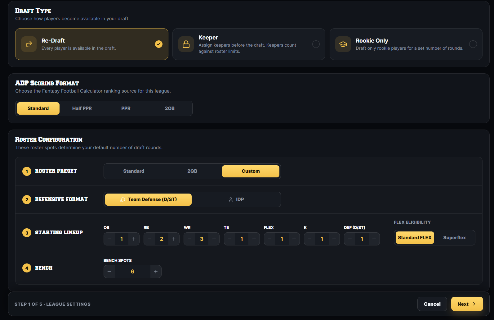 League settings: draft type, ADP scoring format and roster configuration