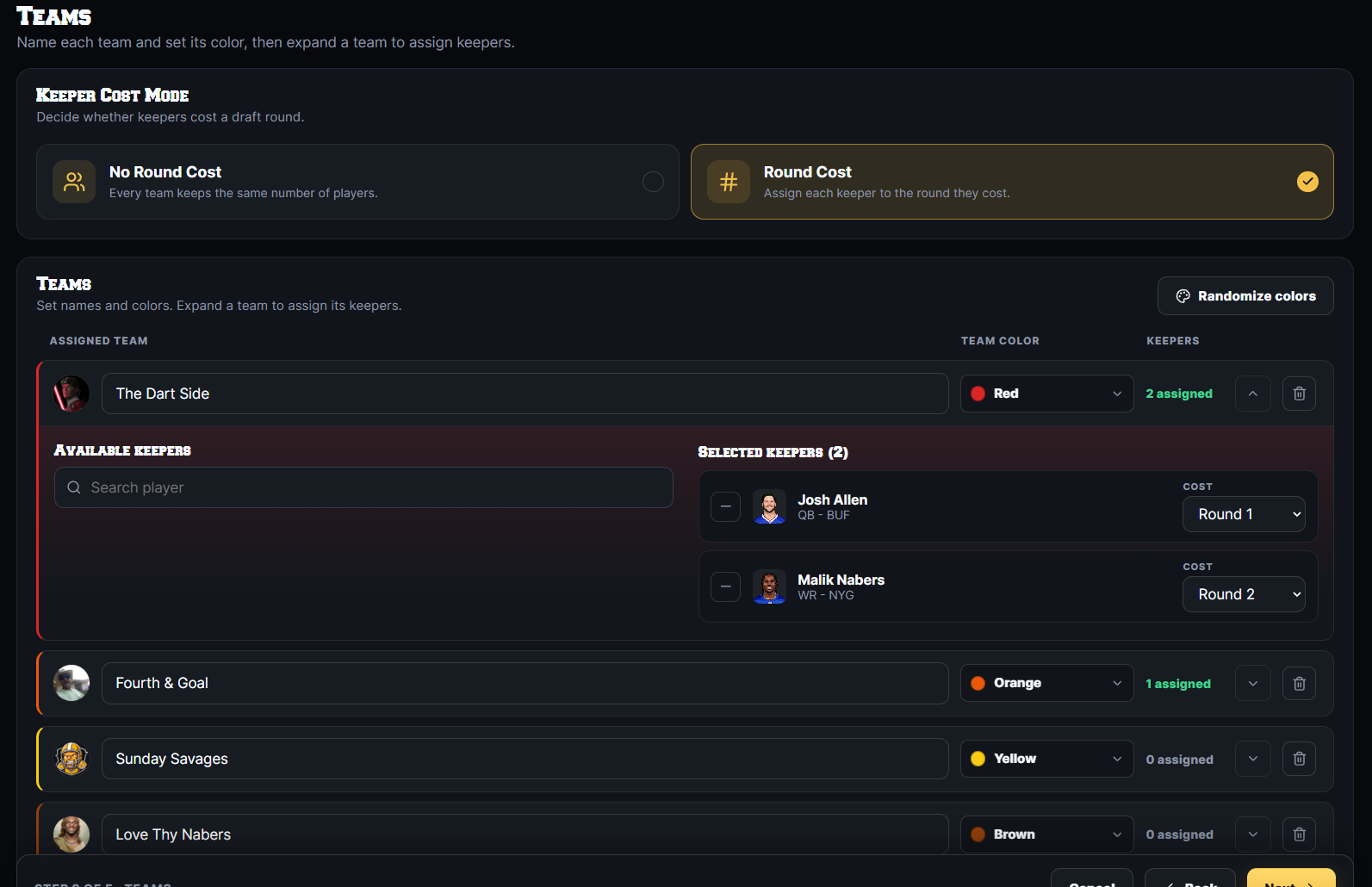 Team setup: name teams, set colors and assign keepers with per-round costs