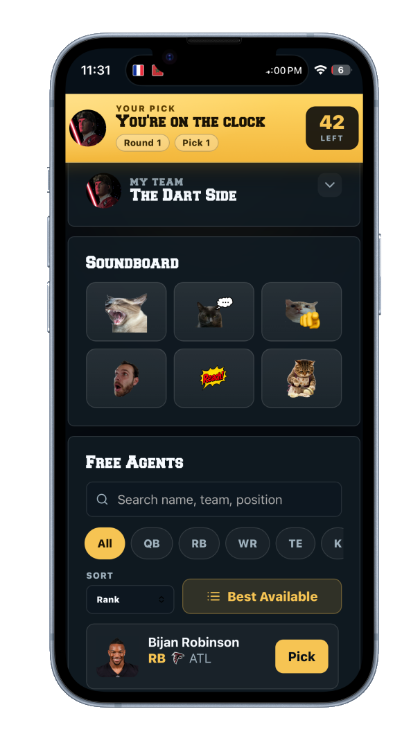 DRAFTNIGHT phone controller showing a manager on the clock with player search and soundboard controls